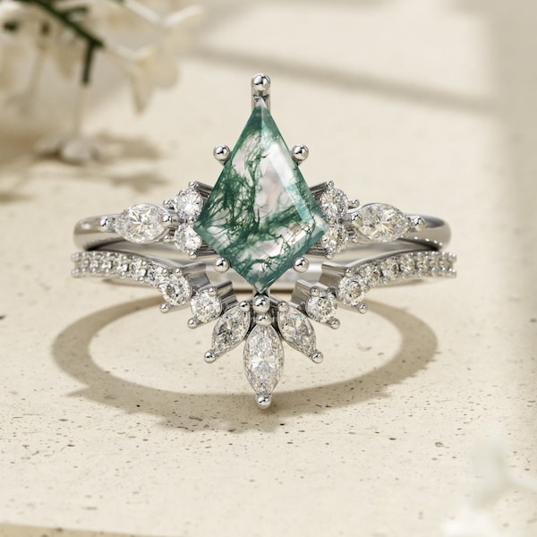 Personalisiertes Kite Green Moos Achat Ring Set, Ehering Edelstein Ring, Verlobungsring, Versprechensring, Geburtstagsgeschenk für Sie