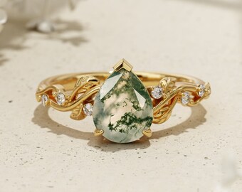 Bague en agate mousse verte feuille - bague en argent sterling bague de fiançailles en agate naturelle - bague de promesse - bague élégante verte - cadeau d'anniversaire pour elle