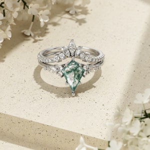 Personalisiertes Kite Green Moos Achat Ring Set, Ehering Edelstein Ring, Verlobungsring, Versprechensring, Geburtstagsgeschenk für Sie Bild 4