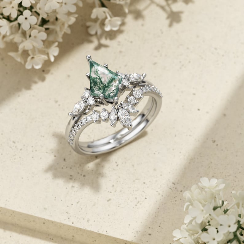 Personalisiertes Kite Green Moos Achat Ring Set, Ehering Edelstein Ring, Verlobungsring, Versprechensring, Geburtstagsgeschenk für Sie Bild 2