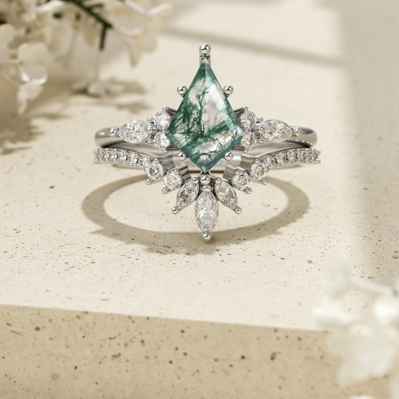 Personalisiertes Kite Green Moos Achat Ring Set, Ehering Edelstein Ring, Verlobungsring, Versprechensring, Geburtstagsgeschenk für Sie Bild 1