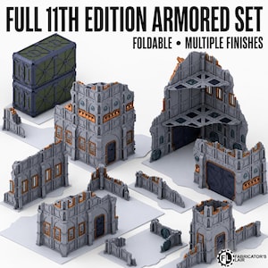 May include: A full 11th edition armored set of foldable miniature terrain pieces in gray with copper accents. The collection includes various wall sections, building ruins, and stacked containers, featuring detailed structural paneling.