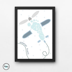 Airplane Footprint Handprint Craft, Blue Theme Wall Art Home Decor for Nursery, Baby Shower Gift, Paint Project Toddler Kid Baby, Daycare