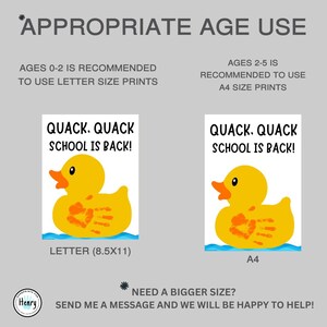 May include: Two prints with a yellow rubber duck design, featuring the text "QUACK. QUACK SCHOOL IS BACK!". One print is Letter size (8.5x11 inches), the other is A4. The prints are recommended for different age groups.