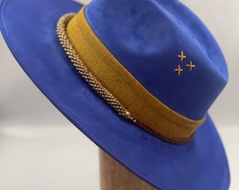 Boho hat, fedora hat, Ecco suede Dodge Azul