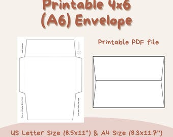 Peut inclure: Image de téléchargement numérique présentant un modèle d'enveloppe imprimable 4x6 (A6). L'image comprend deux modèles d'enveloppes, un plat et un plié, avec le texte "Printable PDF file" et "US Letter Size (21.6x27.9cm) & A4 Size (21.0x29.7cm)".