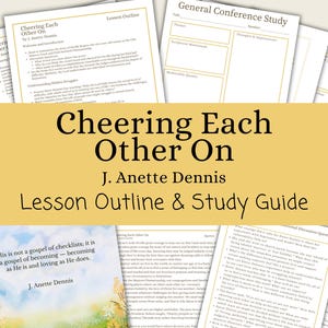May include: A collection of printed study guides and lesson outlines. The title "Cheering Each Other On" is prominently displayed in large, bold text. The author's name, J. Anette Dennis, is also visible. The guides feature text and are designed for study.