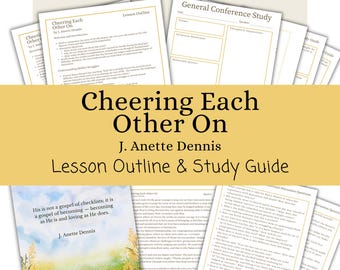 May include: A selection of printed study guides and lesson outlines. The title "Cheering Each Other On" is displayed in large, bold text. The author's name, J. Anette Dennis, is also visible. The guides feature text and are designed for study.