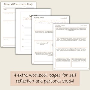 May include: Four workbook pages for self-reflection and personal study. The pages are white with a light brown border and text. The text includes "General Conference Study" and "A Peculiar Treasure".
