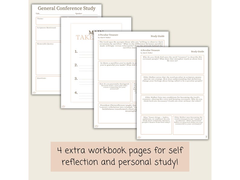 May include: Four workbook pages for self-reflection and personal study. The pages are white with a light brown border and text. The text includes "General Conference Study" and "A Peculiar Treasure".