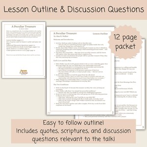 May include: A 12-page packet titled "A Peculiar Treasure" with the text "Lesson Outline & Discussion Questions." The packet contains quotes, scriptures, and discussion questions. The text "Easy to follow outline!" is also visible.