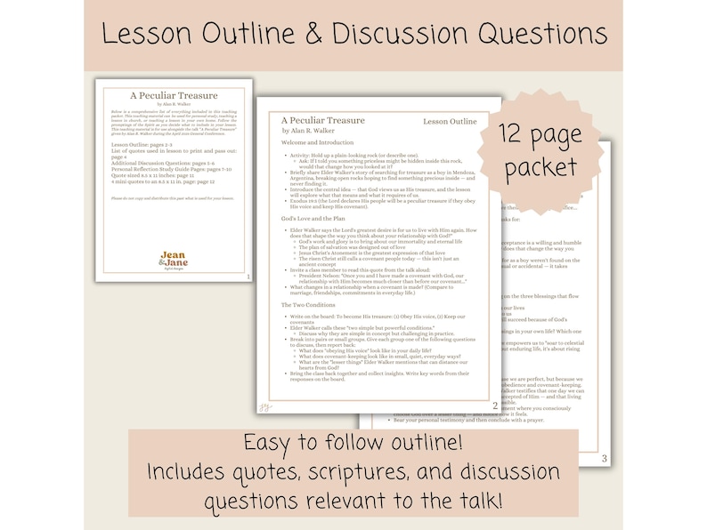 May include: A 12-page packet titled "A Peculiar Treasure" with the text "Lesson Outline & Discussion Questions." The packet contains quotes, scriptures, and discussion questions. The text "Easy to follow outline!" is also visible.