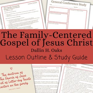 May include: A collection of printed study guides and lesson outlines. The title "The Family-Centered Gospel of Jesus Christ" is displayed on a red background. The guides include text and outlines for study and discussion.