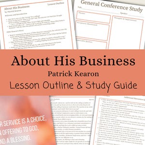 May include: A collection of printed lesson outlines and study guides. The title "About His Business" by Patrick Kearon is displayed prominently. The guides include sections for notes, discussion questions, and scripture references. The phrase "Our Service is a Choice, An Offering to God, And a Blessing" is also visible.