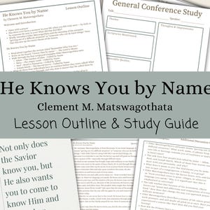 May include: A stack of printed study guides and lesson outlines. The title "He Knows You by Name" is displayed prominently, along with the author's name and the phrase "Lesson Outline & Study Guide." The guides have a light green and white color scheme.