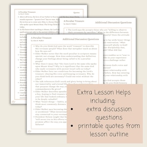 May include: Printed lesson materials titled "A Peculiar Treasure" with discussion prompts. A tan sticky note reads "Extra Lesson Helps including: extra discussion questions, printable quotes from lesson outline."