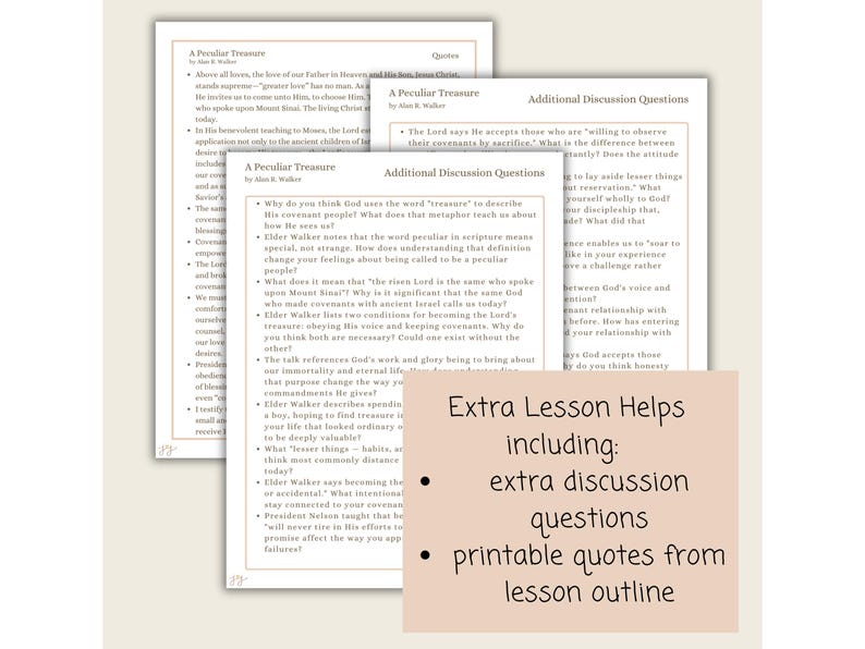 May include: Printed lesson materials titled "A Peculiar Treasure" with discussion prompts. A tan sticky note reads "Extra Lesson Helps including: extra discussion questions, printable quotes from lesson outline."