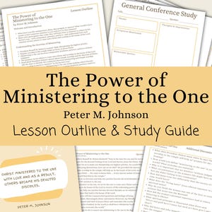 May include: A collection of printed study guides and lesson outlines. The title "The Power of Ministering to the One" is prominently displayed, along with the author's name, Peter M. Johnson. The materials include a lesson outline and a study guide.