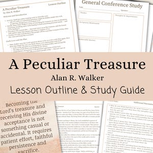 May include: A stack of printed study guides and lesson outlines titled "A Peculiar Treasure" by Alan R. Walker. The guides feature text and are arranged on a light beige background. The text includes "Lesson Outline & Study Guide".