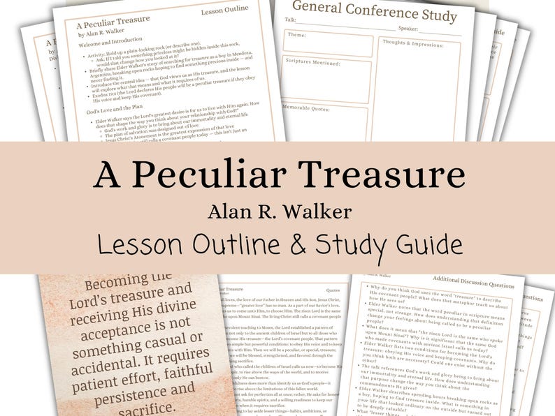 May include: A stack of printed study guides and lesson outlines titled "A Peculiar Treasure" by Alan R. Walker. The guides feature text and are arranged on a light beige background. The text includes "Lesson Outline & Study Guide".