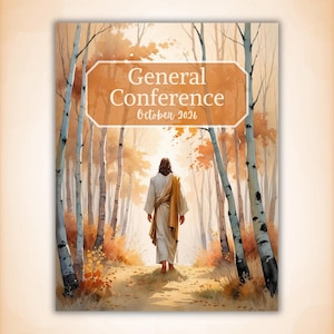 May include: A rectangular print featuring a figure in a white robe and gold sash walking through a forest of birch trees with orange autumn leaves. The text General Conference October 2026 is centered in a white-bordered orange box at the top.