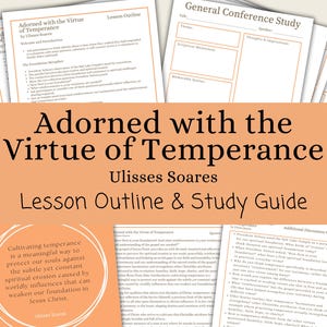Puede incluir: Una colección de guías de estudio y esquemas de lecciones impresos. El título "Adornado con la virtud de la templanza" se muestra de forma destacada, junto con el nombre del autor, Ulisses Soares. Las guías están diseñadas para el estudio y la discusión.