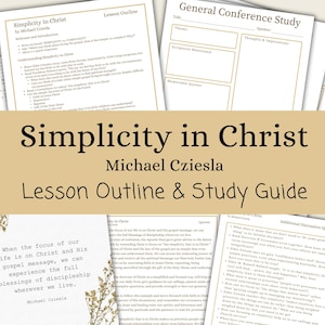 Puede incluir: Una colección de guías de estudio y esquemas de lecciones impresos titulados "Simplicidad en Cristo" por Michael Cziesla. Las guías presentan texto y están dispuestas sobre un fondo beige claro. El título se muestra de forma destacada con el nombre del autor y la frase "Esquema de la lección y guía de estudio".