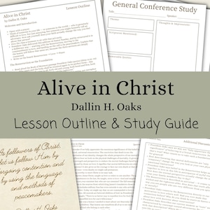 Può includere: Una pila di guide di studio e schemi di lezioni stampati. Il titolo "Alive in Christ" è visualizzato in modo prominente, insieme al nome dell'autore, Dallin H. Oaks. Le guide includono sezioni per note e domande di discussione.