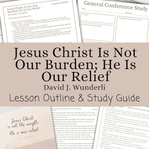 Op de afbeelding: Een verzameling gedrukte studiehandleidingen en lesplannen. De hoofdtitel luidt "Jezus Christus is niet onze last; Hij is onze verlichting" door David J. Wunderli. De gidsen bevatten secties voor aantekeningen en discussievragen.