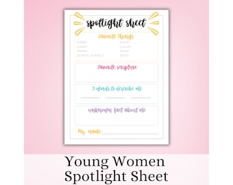 Young Women Spotlight Sheet, Young Women Binder, Young Women Presidency, Printable YW, Latter-Day Saints, Printable Spotlight Sheet, YW