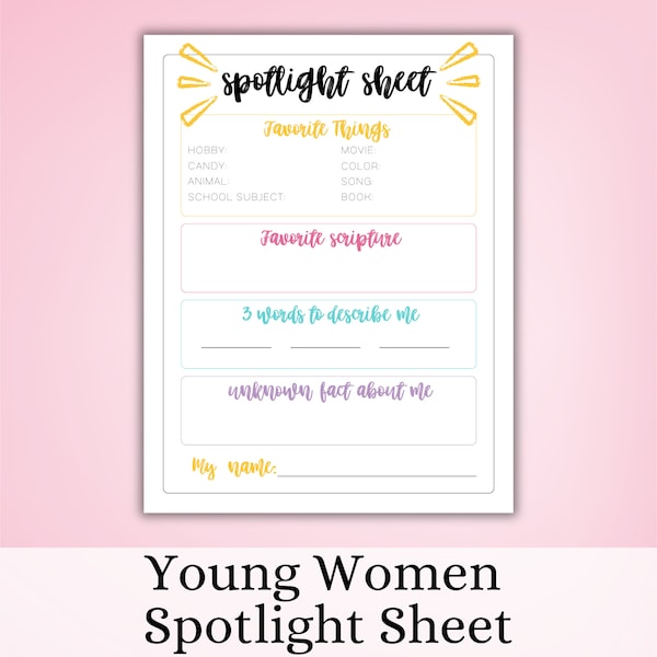 Jonge vrouwen Spotlight blad, jonge vrouwen binder, jonge vrouwen voorzitterschap, afdrukbare YW, heiligen der laatste dagen, afdrukbare Spotlight blad, YW