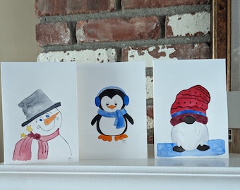 Winter Enthusiast Watercolor Greeting Cards, set of three