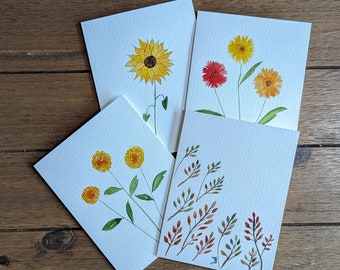 Late Summer Watercolor Floral Greeting cards, set of 4, 4x6