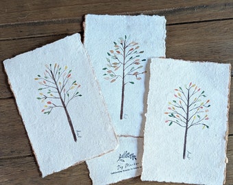 Vintage 4x6 postcards, fall-inspired tree, hand-painted watercolor, set of four with envelopes.
