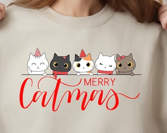 Meowy Christmas Cat Sweatshirt: Embroidered Holiday Cat Lover Gift
