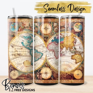 Emballage de verre de carte antique, carte PNG Designs, Sublimation de verres PNG, modèles de verres maigres 20 oz, téléchargement numérique instantané #240223T01