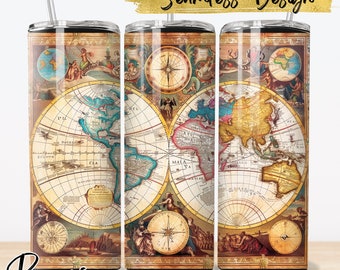 Mappa antica Tumbler Wrap, Mappa PNG Disegni, Tumbler Sublimation Designs PNG, 20oz Skinny Tumbler Designs, Instant Digital Download #240223T01
