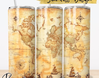 Mappa antica Tumbler Wrap, Mappa PNG Disegni, Tumbler Sublimation Designs PNG, 20oz Skinny Tumbler Designs, Instant Digital Download #240223T02