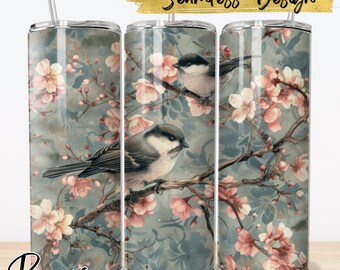 Chickadee Tumbler Wrap, Disegni PNG di uccelli, Disegni di sublimazione del bicchiere PNG, Disegni di tumbler magri da 20 once, Download digitale istantaneo #240224T05