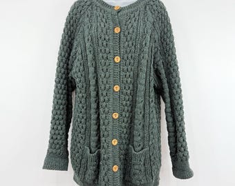 John Molloy Cardigan Women L Hunter Green VTG 100% Wool Fisherman Ireland Chunky