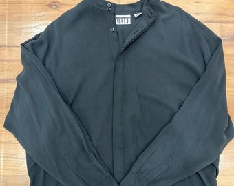 Men's VTG International Male 100% Silk Long Sleeve Button Up Shirt Black XL