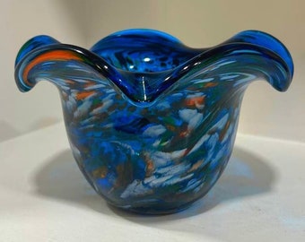 Vintage MCM Blue Glass Blown Bowl Vase Ruffled Edge