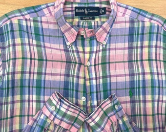 Men's Vintage Ralph Lauren Linen Long Sleeve Button Down Plaid Shirt Classic M