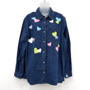 The Quacker Factory Top Womens L Denim VTG Embroidered Hearts Embellished Artsy