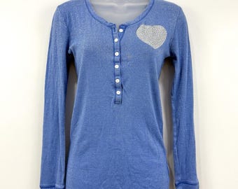 VTG Y2K Pink Victorias Secret Henley Womens M Blue Sparkle Beaded Spellout Heart