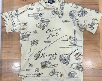 Polo Ralph Lauren VTG pour homme, chemise de pêche à la mouche entièrement imprimée, manches courtes USA L