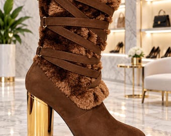 Fur Gold Heel Boots