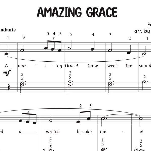 Amazing Grace Two-Hand Late Beginner Piano Piece for Kids, Piano Music for Kids, Piano Sheet Music for Kids, Printable Piano Music