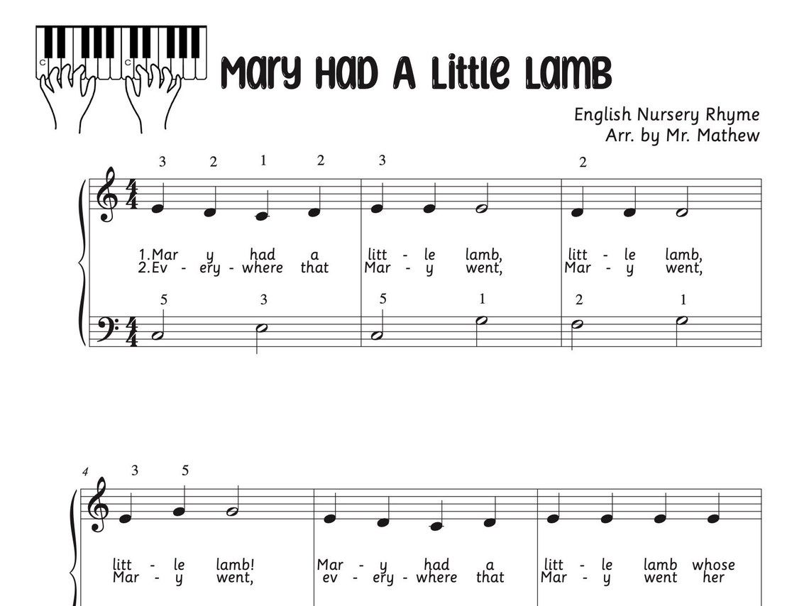 Mary Had A Little Lamb Twohand Piano Piece for Kids, Piano Music for