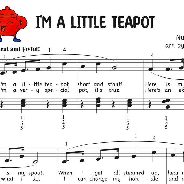 I'm A Little Teapot Intermediate Two-Hand Piano Music for Kids, Piano Sheet Music for Kids, Printable Piano Music